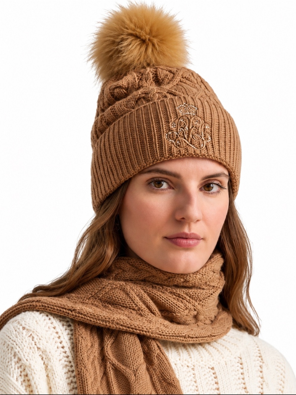 Lauren Ralph Lauren Cable Knit Faux Fur Pom Pom Beanie Camel With Logo Like New!